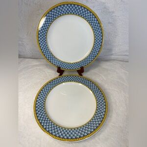 Set Sakura 1999 Debbie Mumm Watering Can Blue Yellow Checkered Dinner Plates